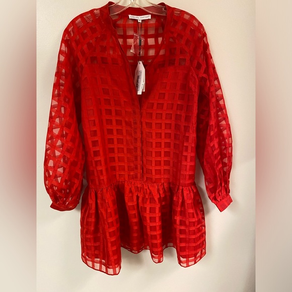 English Factory Women's Check Organza Buttoned Long Sleeves Red Mini Dress - Picture 2 of 5